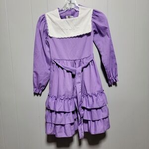 70s Vintage Winnie the Pooh Purple Dress 8 Long Sleeve Ruffled Peter‎ Pan Collar